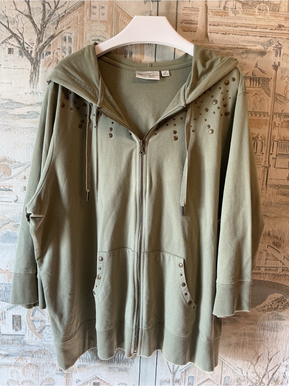 Studio Works Olive Green Hooded Zip-Up Jacket with Stud Detail